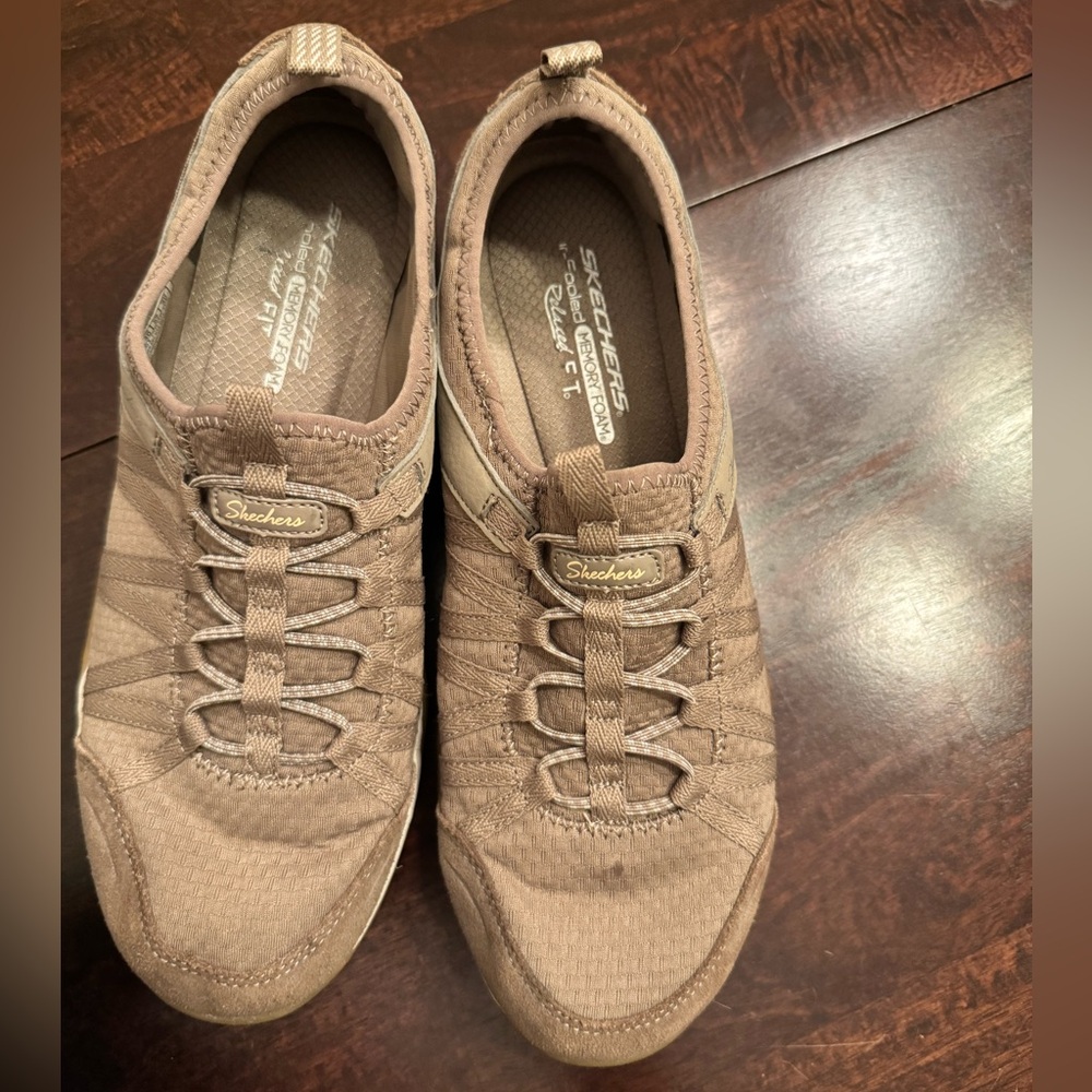 Skechers women’s tan sneakers.  Gently used.  Still in great condition.